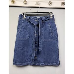 A New Day Denim Skirt Womens Size 6 Tie Belt Button Front Pockets Jean‎ Straight
